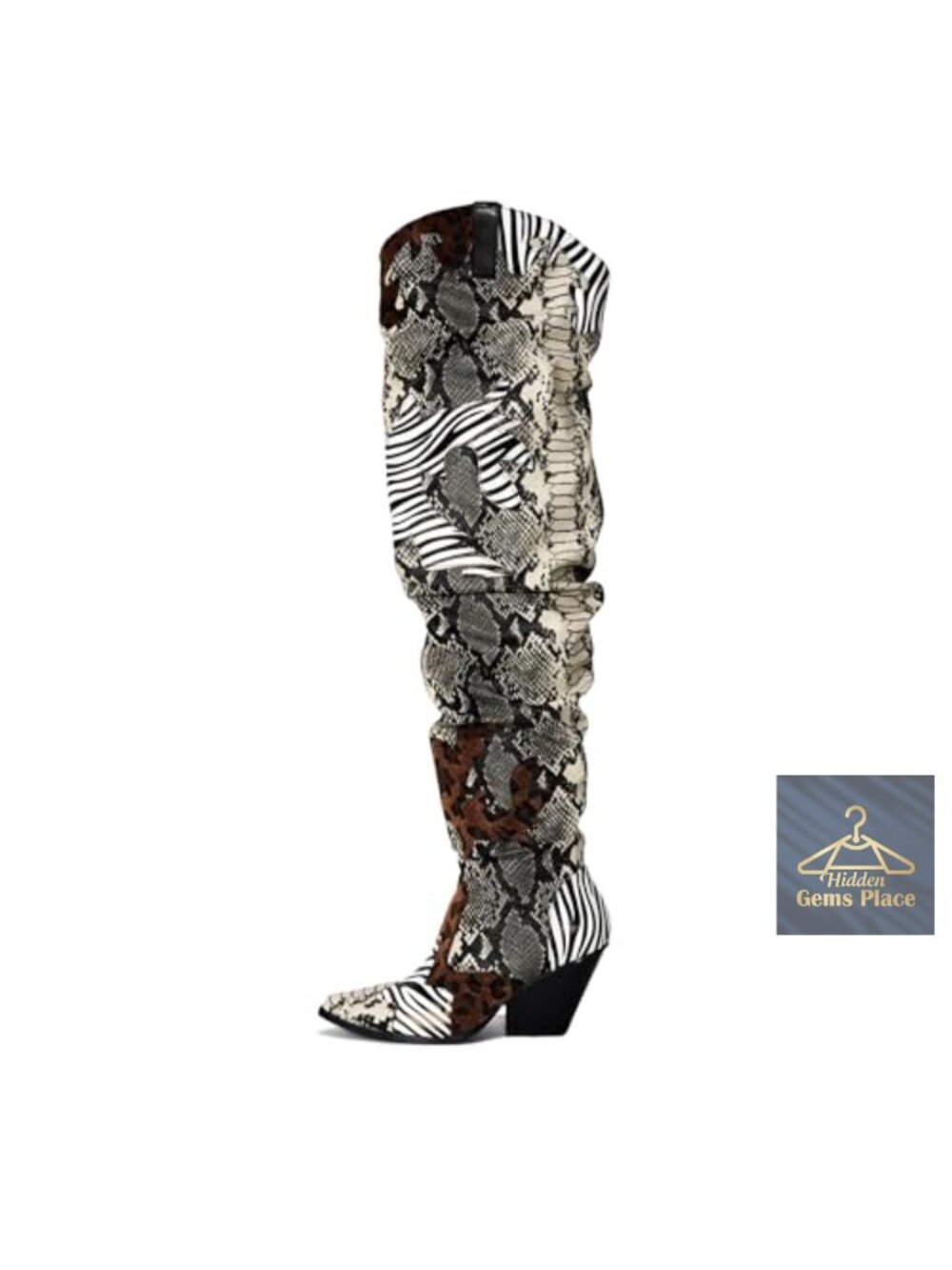 Thigh High Cowboy Boots with Chunky Heel Faux Snakeskin Vegan Leather Western